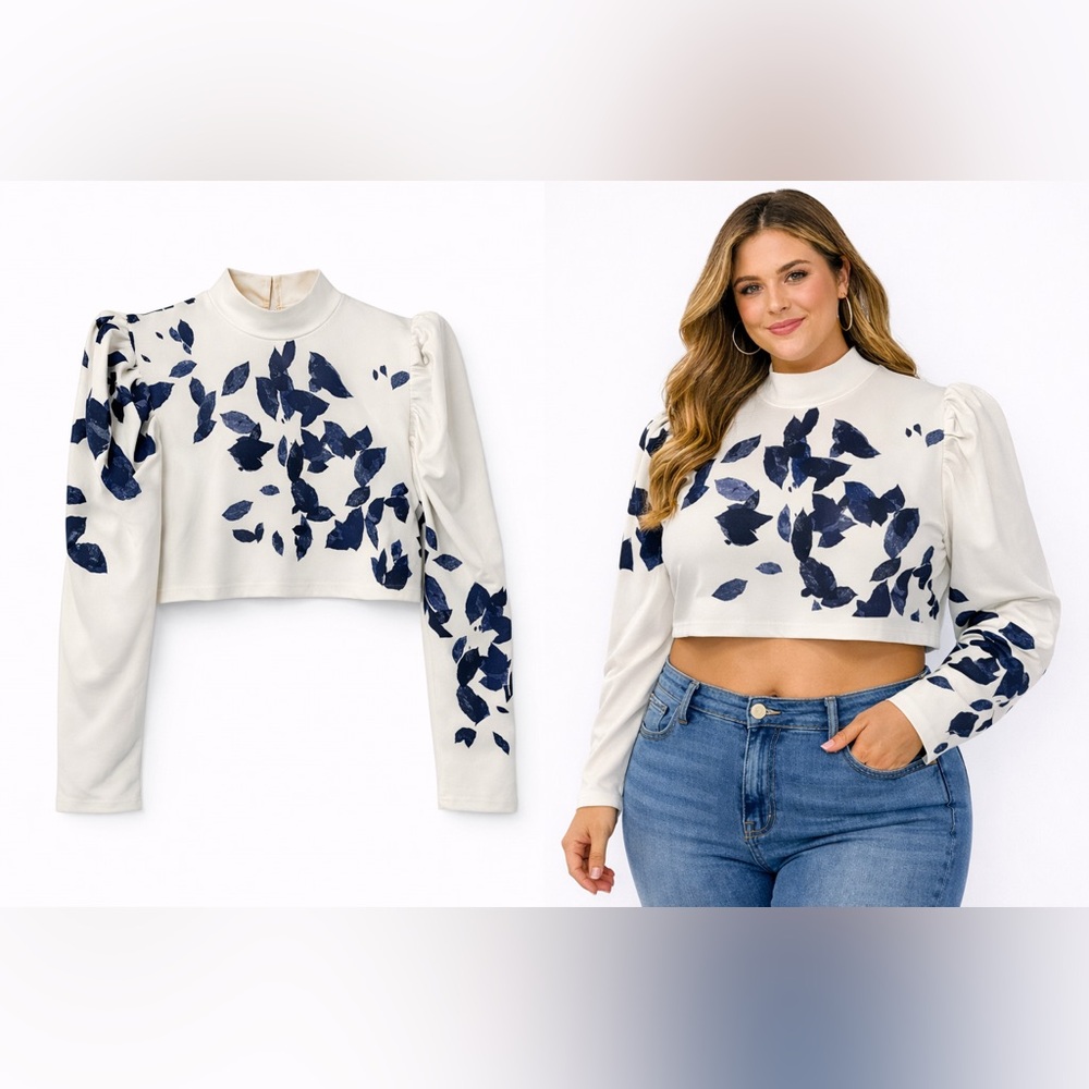 White & Navy Floral Puff Sleeve Crop Top – Women’s Mock Neck Statement Blouse